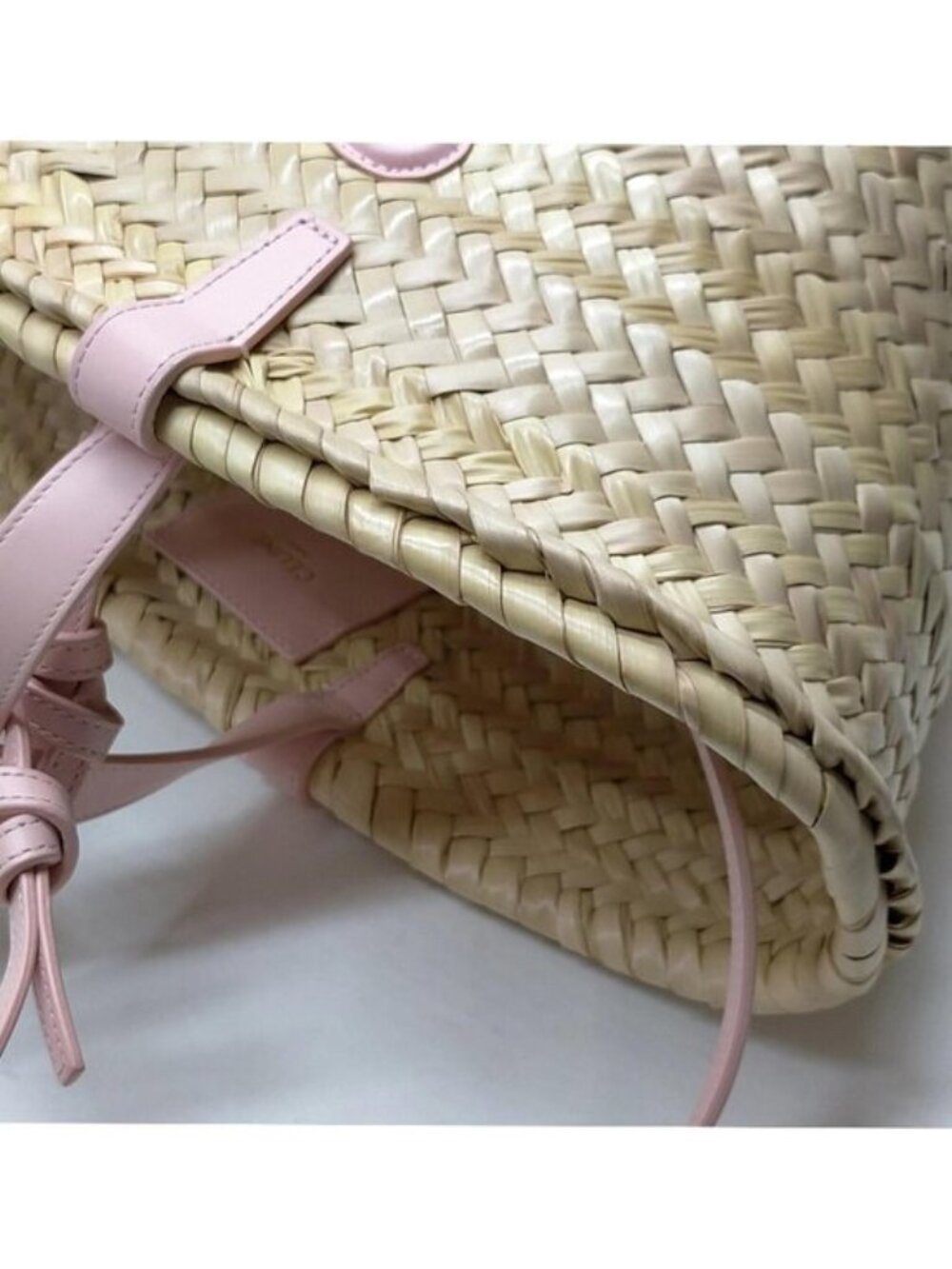 Authentic Celine Triomphe Straw Basket Bag Pink Leather Trim Summer Tote Woven - Picture 11 of 16